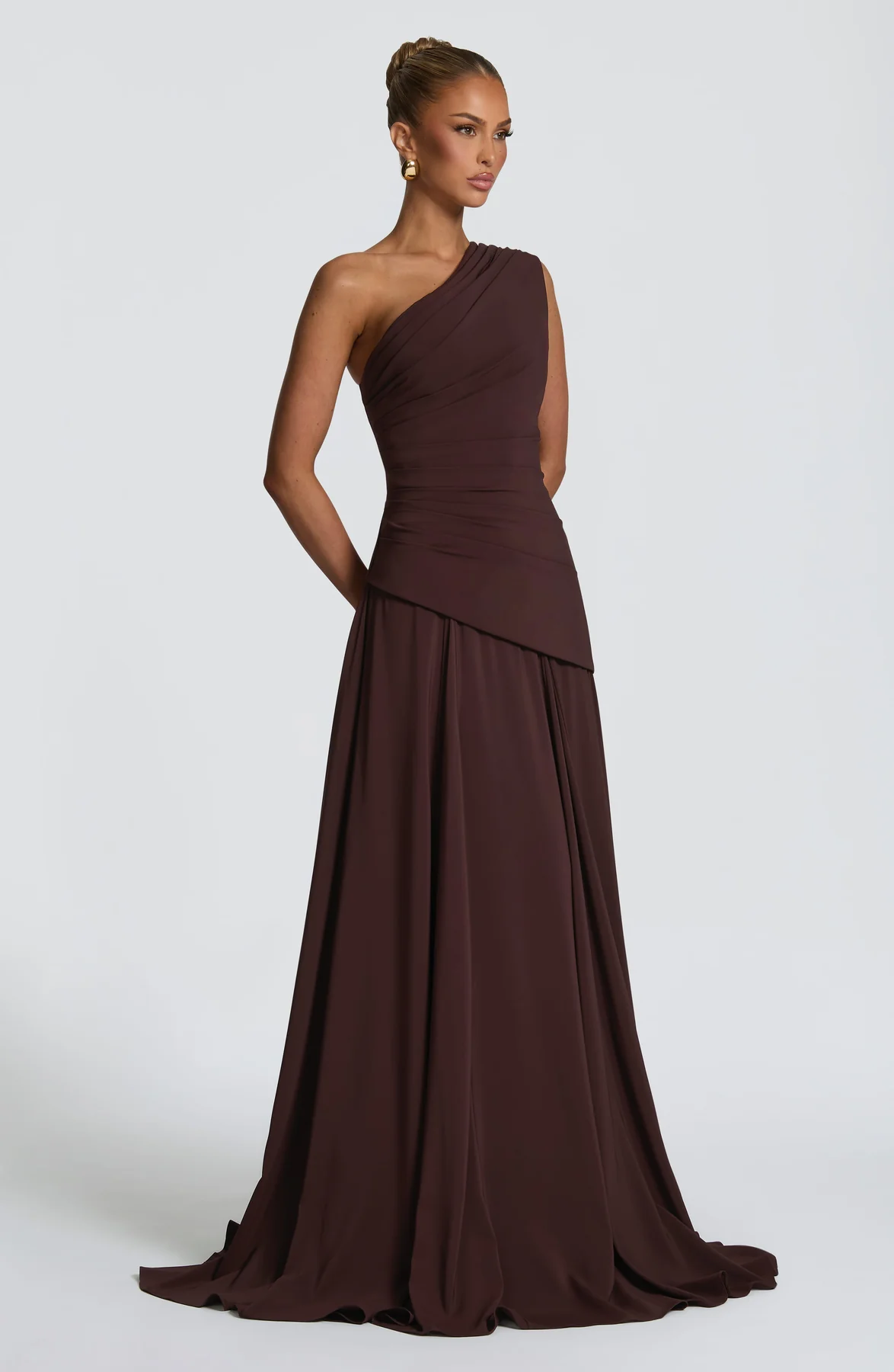 Chocolate Brown One-Shoulder Draped Ruched Lace-Up Maxi Evening Gown