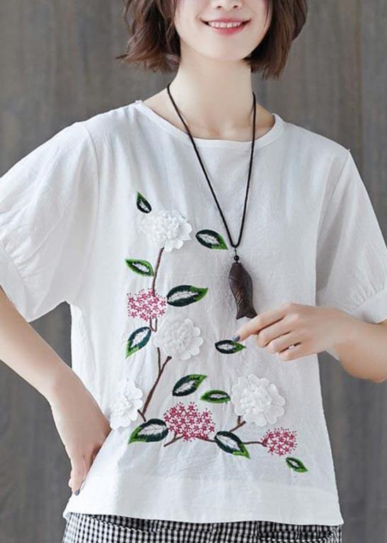 Loose White Embroideried Floral Cotton Linen Tees Summer