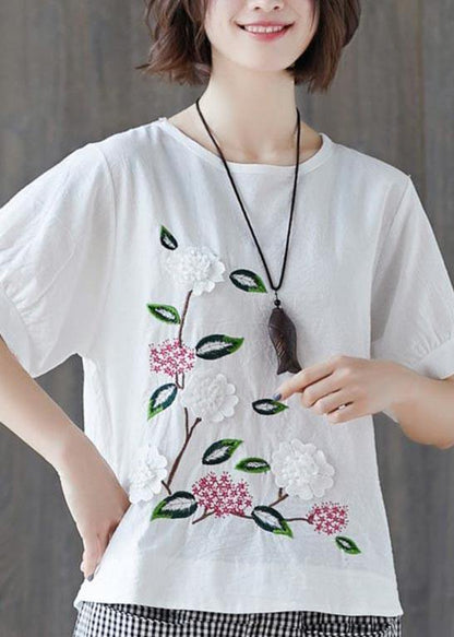 Loose White Embroideried Floral Cotton Linen Tees Summer