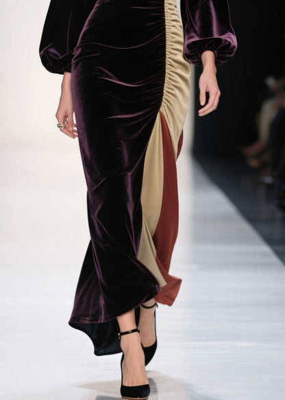 Plus Size Dull Purple Asymmetrical Patchwork Silk Velvet Evening Dress Spring