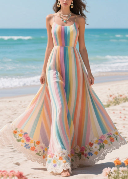 Boho Rainbow Striped Patchwork Exra Large Hem Chiffon Holiday Dresses Summer