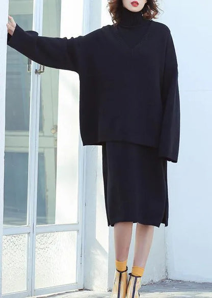Set female 2024 large size turtleneck sweater suit skirt black two-piece long paragraph over the knee