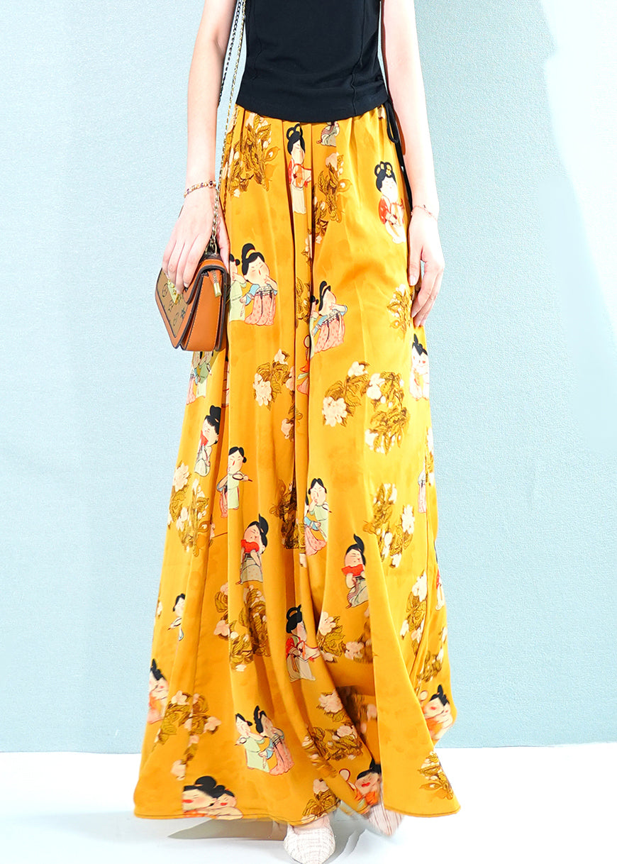 Fashion Yellow Print Pockets Oversized Chiffon Pants Skirt Summer