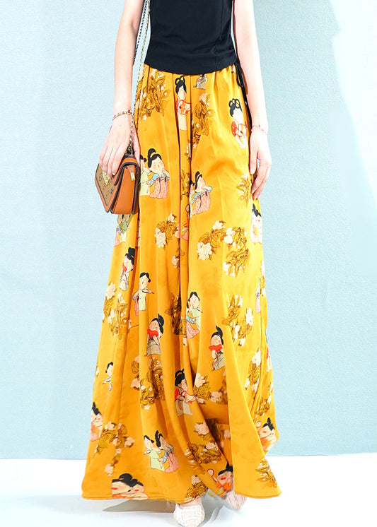 Fashion Yellow Print Pockets Oversized Chiffon Pants Skirt Summer