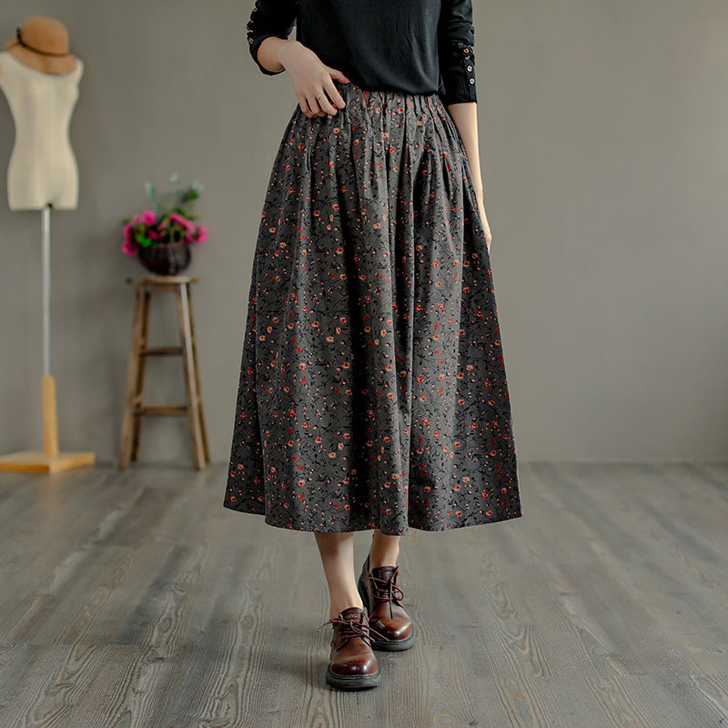 Retro Literary Floral Mid-Length Skirt