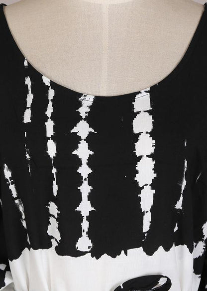 French Black White Tie Dye Cold Shoulder kimono Robe  Cotton Dress