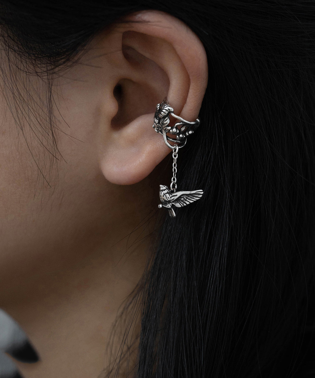Vintage Silk Sterling Silver Floral Leaf Flying Bird Tassel Drop Earrings