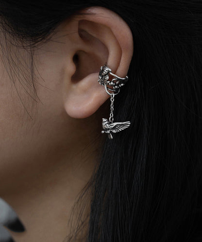 Vintage Silk Sterling Silver Floral Leaf Flying Bird Tassel Drop Earrings