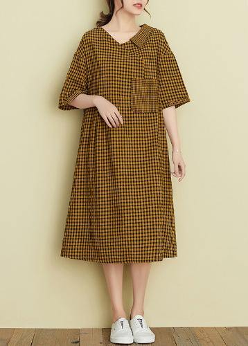 Classy v neck patchwork linen summer clothes For Women Tutorials black plaid Dress