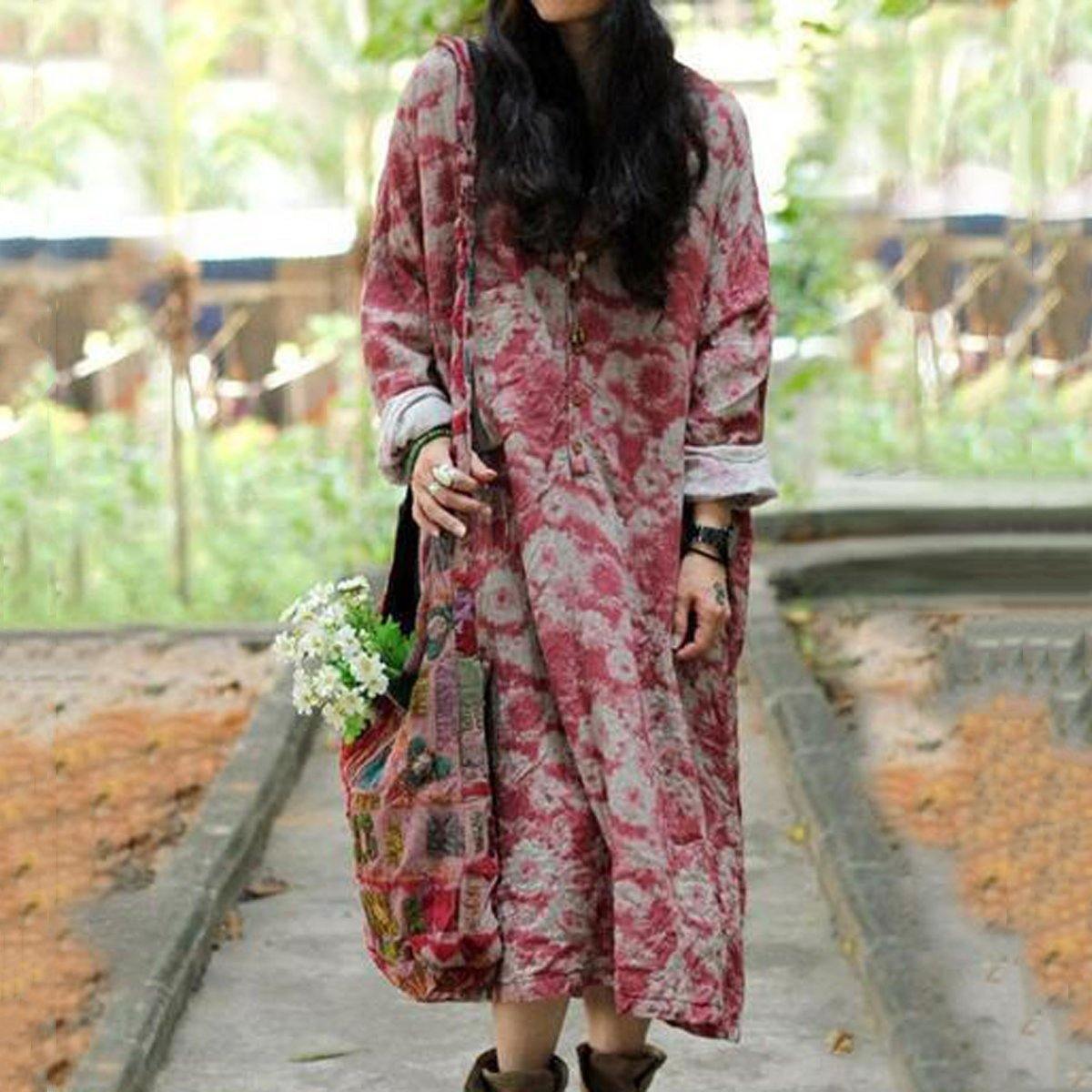 Cotton Linen Casual Loose Fitting Floral Dress Red / Blue