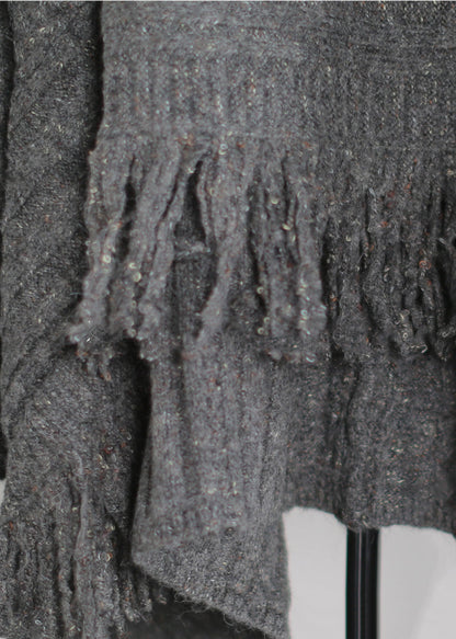 French Grey Turtle Neck Low High Design Knitted Tops Winter