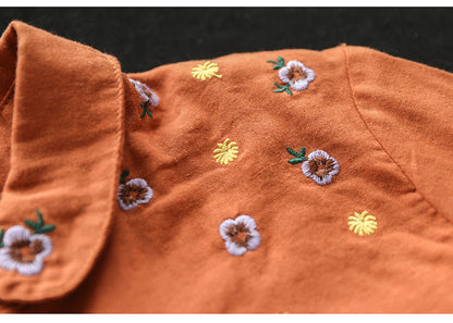 Art Vintage Double Layer Cotton Long Sleeve Floral Embroidery Shirt