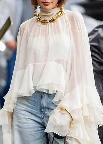 Women Beige Hign Neck Ruffled Patchwork Tulle Top Flare Sleeve