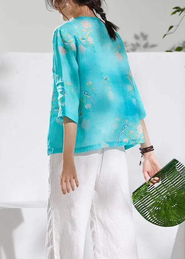 Simple green print linen clothes v neck summer blouses