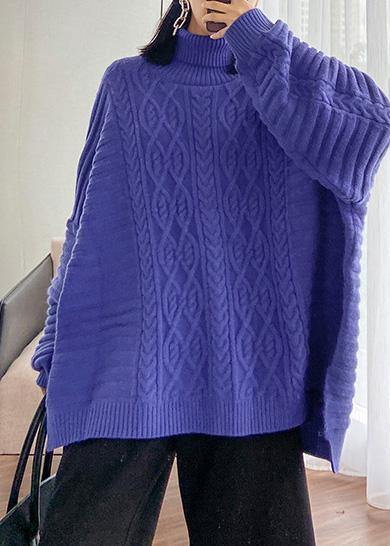 Oversized blue Sweater Blouse high neck thick casual knit sweat tops