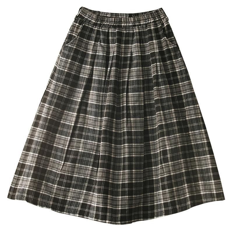 Women Plaid Pocket A-Line Vintage Elastic Waist Skirt