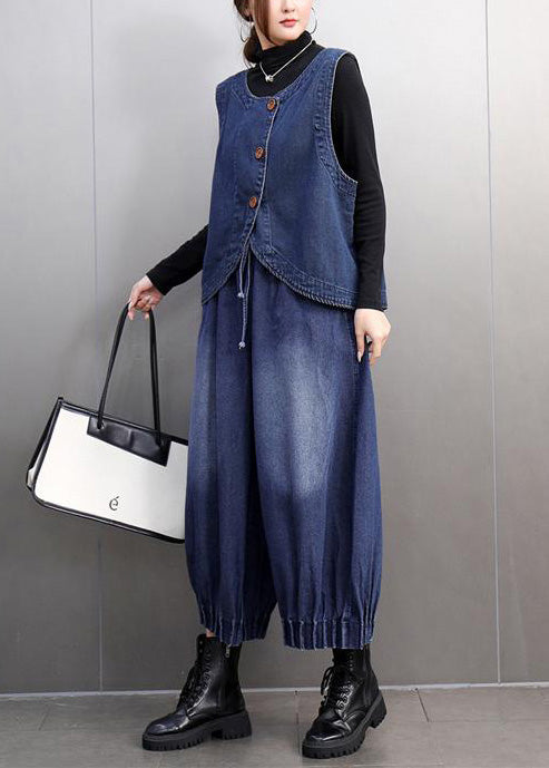 Fashion Navy Oversized Denim Vests And Harem Pants Two Pieces Set Summer