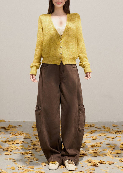 Bohemian Yellow V Neck Button Down Knit Cardigans Fall