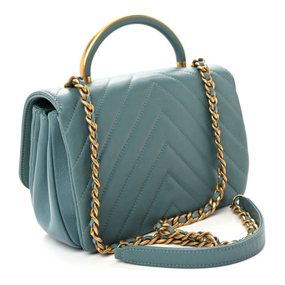 Lambskin Chevron Quilted Gold Top Handle Flap Bag Blue