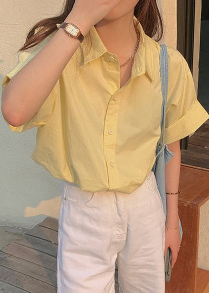 Yellow Button Solid Cotton Summer Shirt Peter Pan Collar