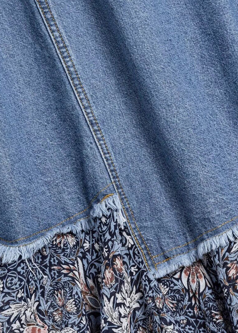Stylish Denim Blue Asymmetrical Patchwork Print Button Pockets Maxi Skirt Cozy