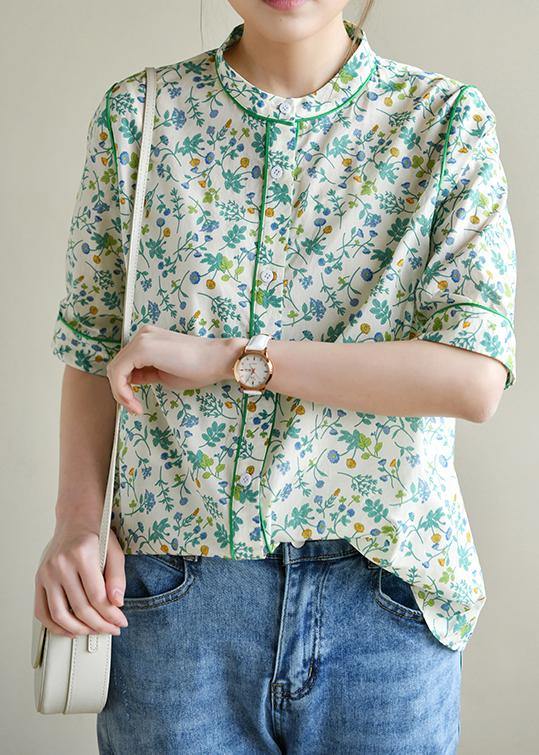 Plus Size Short Sleeve Green Print Cotton Blouses