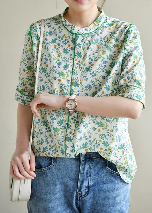 Plus Size Short Sleeve Green Print Cotton Blouses