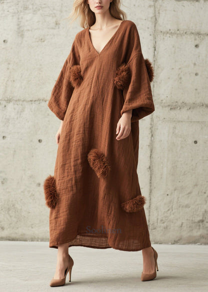 Art Brown Oversized Fuzzy Ball Decorated Cotton Ankle Dress Fall