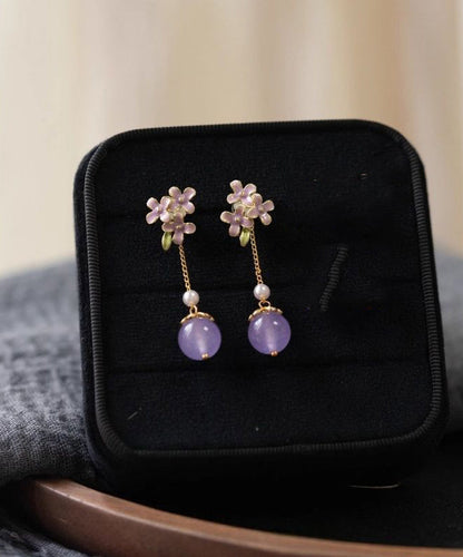 Chic Light Purple Copper Overgild Pearl Drip Glaze Drop Earrings