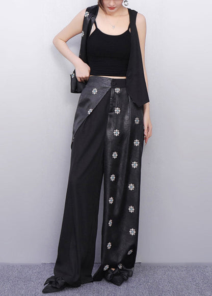 Minimalist Noir Asymmetry Vest And Wide-Leg Pants Floral Bloom