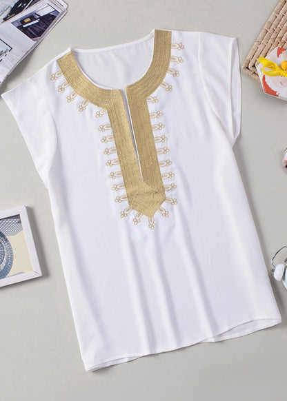 White Print Solid Tops Short Sleeve