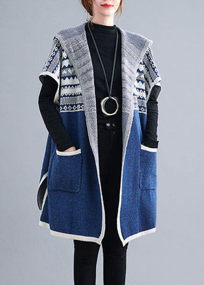 French Blue hooded Casual side open Short Sleeve Fall Knit sweaters Coat/Ships 30 Days
