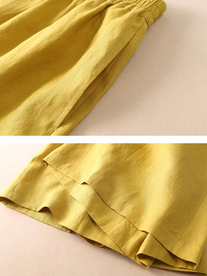 Loose Linen High Waist Solid Wide Leg Cropped Pants