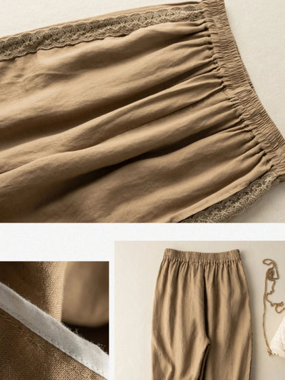 Pure Color Lace Stitching Casual Linen Harem Pants With Pockets