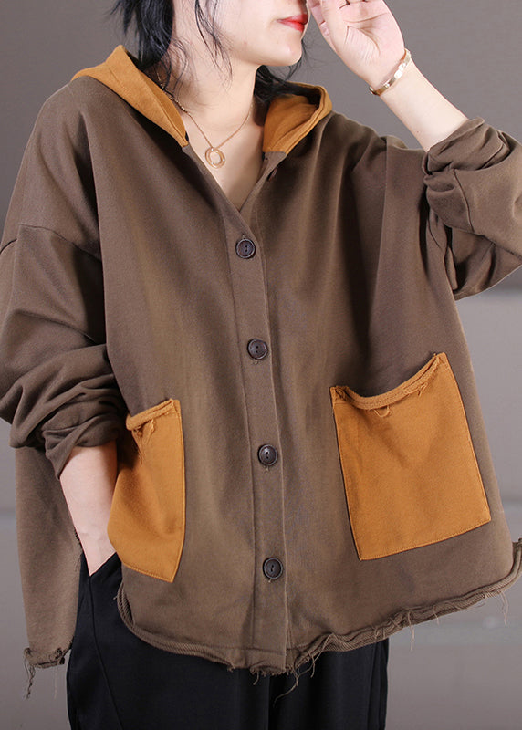 Retro Coffee Patchwork Cotton Hooded Coats Fall