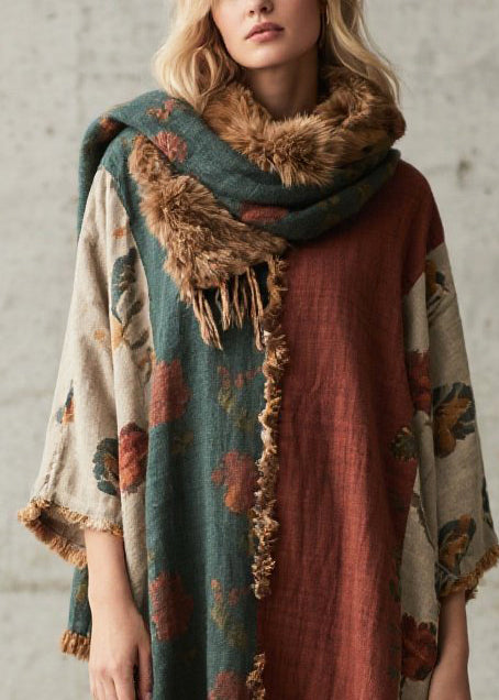 Casual Colorblock Oversized Patchwork Faux Fur Maxi Dresses Bracelet Sleeve