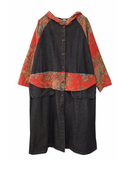 Women Denim Patchwork Print  Hooded Long Coat