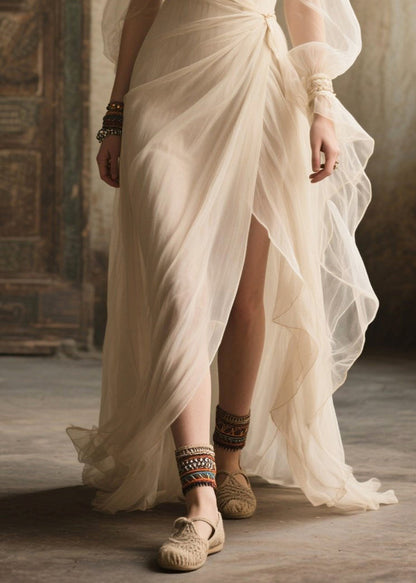 Plus Size White Exra Large Hem Side Open Tulle Long Dress Summer