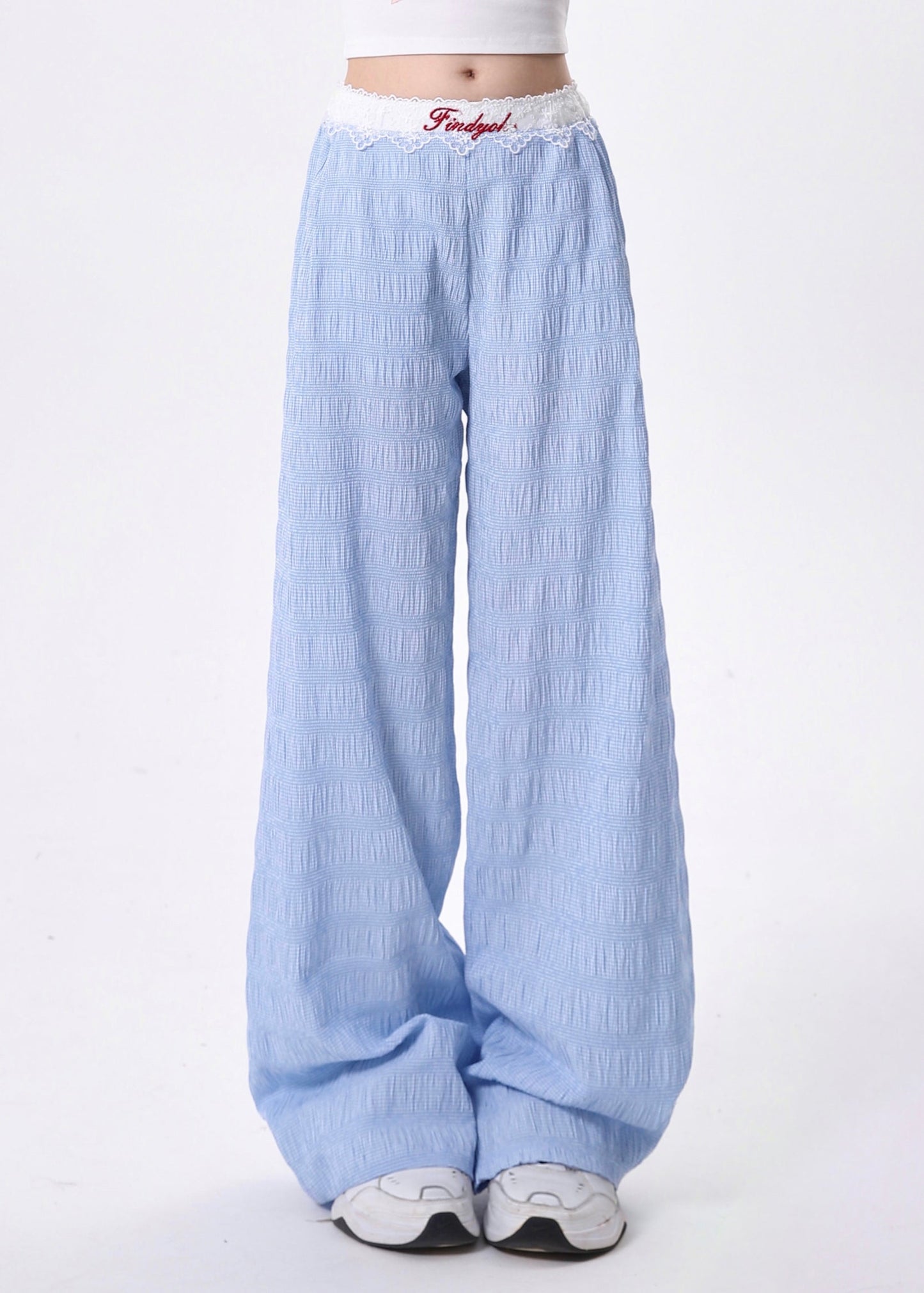 Beautiful Blue Pockets Lace Patchwork Cotton Pants Spring