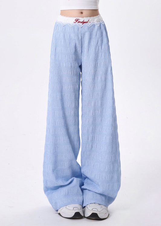 Beautiful Blue Pockets Lace Patchwork Cotton Pants Spring