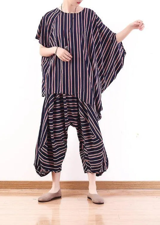 new summer stylish red blue striped batwing sleeve tops and casual lantern pants