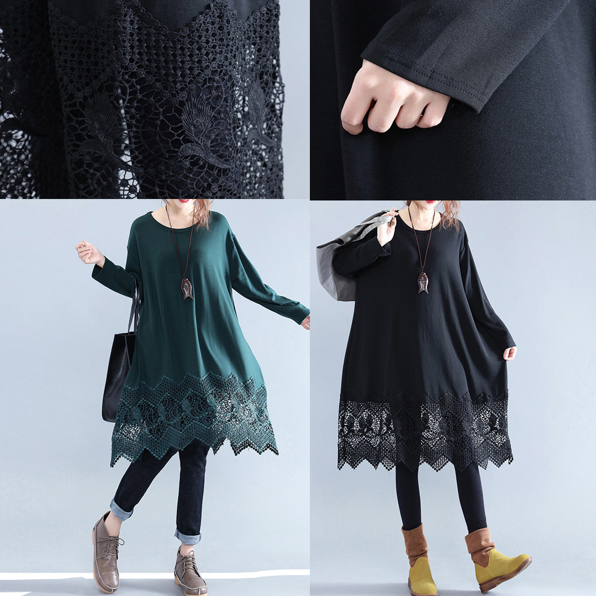 Fine Black Cotton Dresses Casual Cotton Clothing Dresses Fine Lace Ruffles Long Sleeve Cotton Dresses