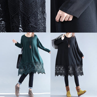 Fine Black Cotton Dresses Casual Cotton Clothing Dresses Fine Lace Ruffles Long Sleeve Cotton Dresses