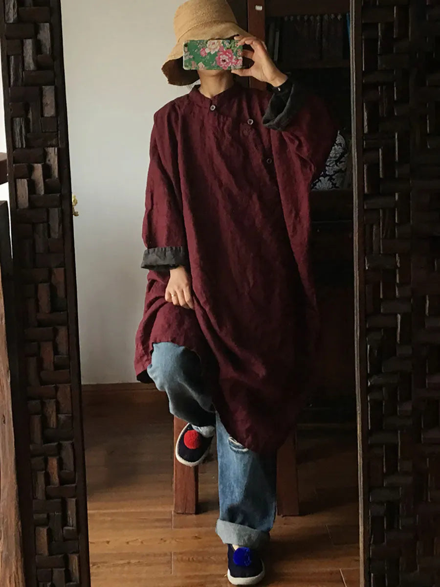 Women Vintage 100%Linen Solid Embroidery Button Dress