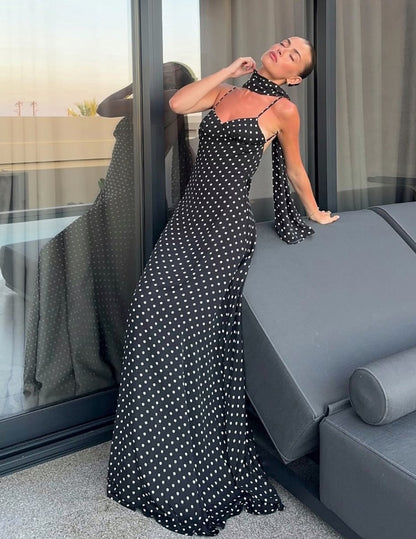 Polka Dot Slip Dress with Open Back & Neck Scarf