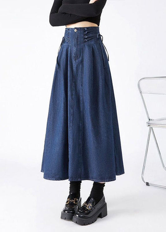 Fashion Navy Patchwork Tie Waist Denim Maxi Skirts Spring