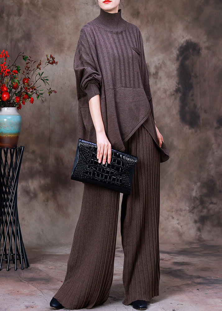 Fashion Dark Coffee Colour Asymmetrical Knit Sweaters And Pants Two Piece Set Fall