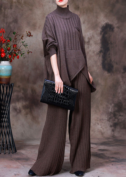 Fashion Dark Coffee Colour Asymmetrical Knit Sweaters And Pants Two Piece Set Fall