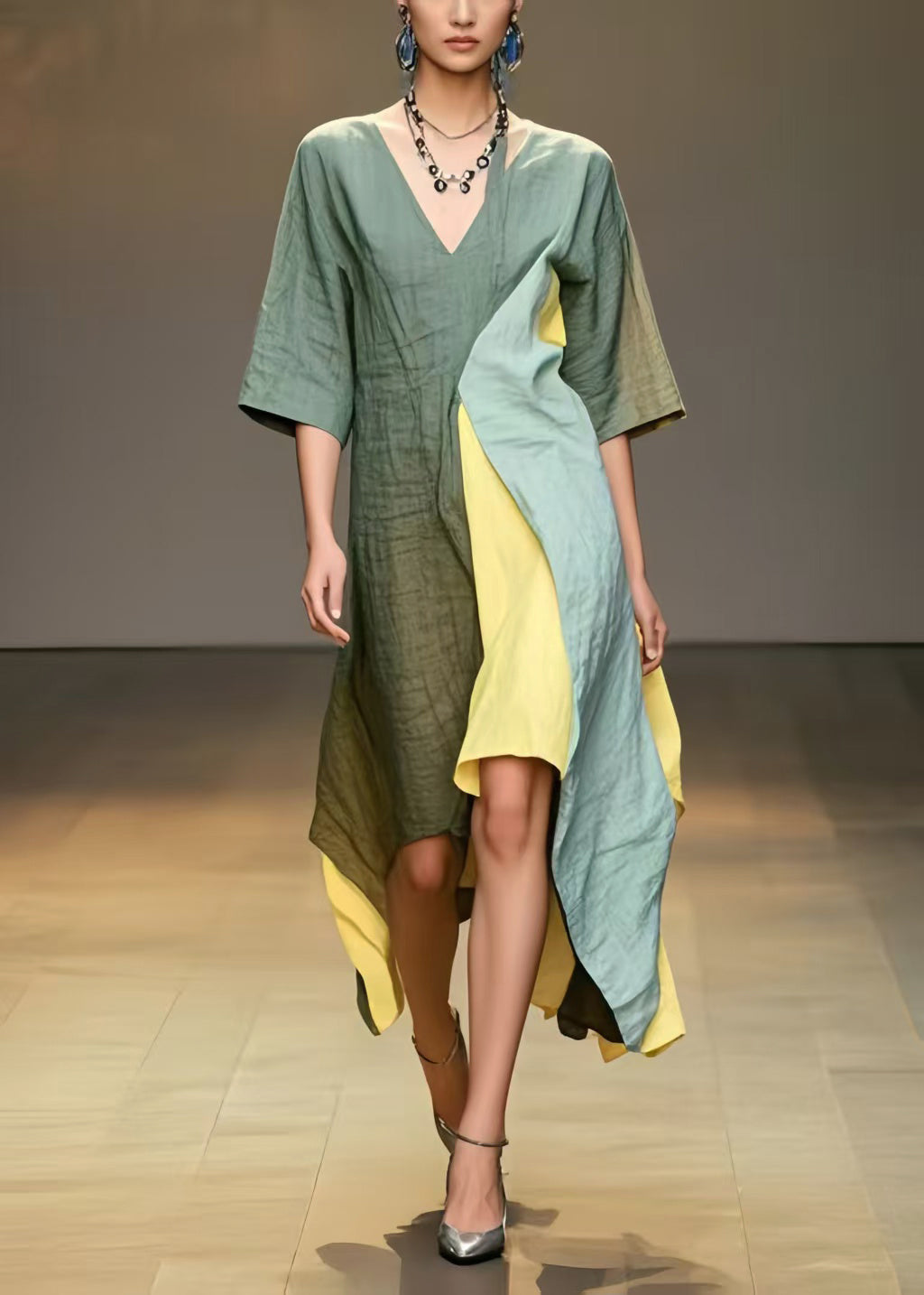 Women Multicolour Asymmetrical Patchwork Cotton Long Dresses Summer