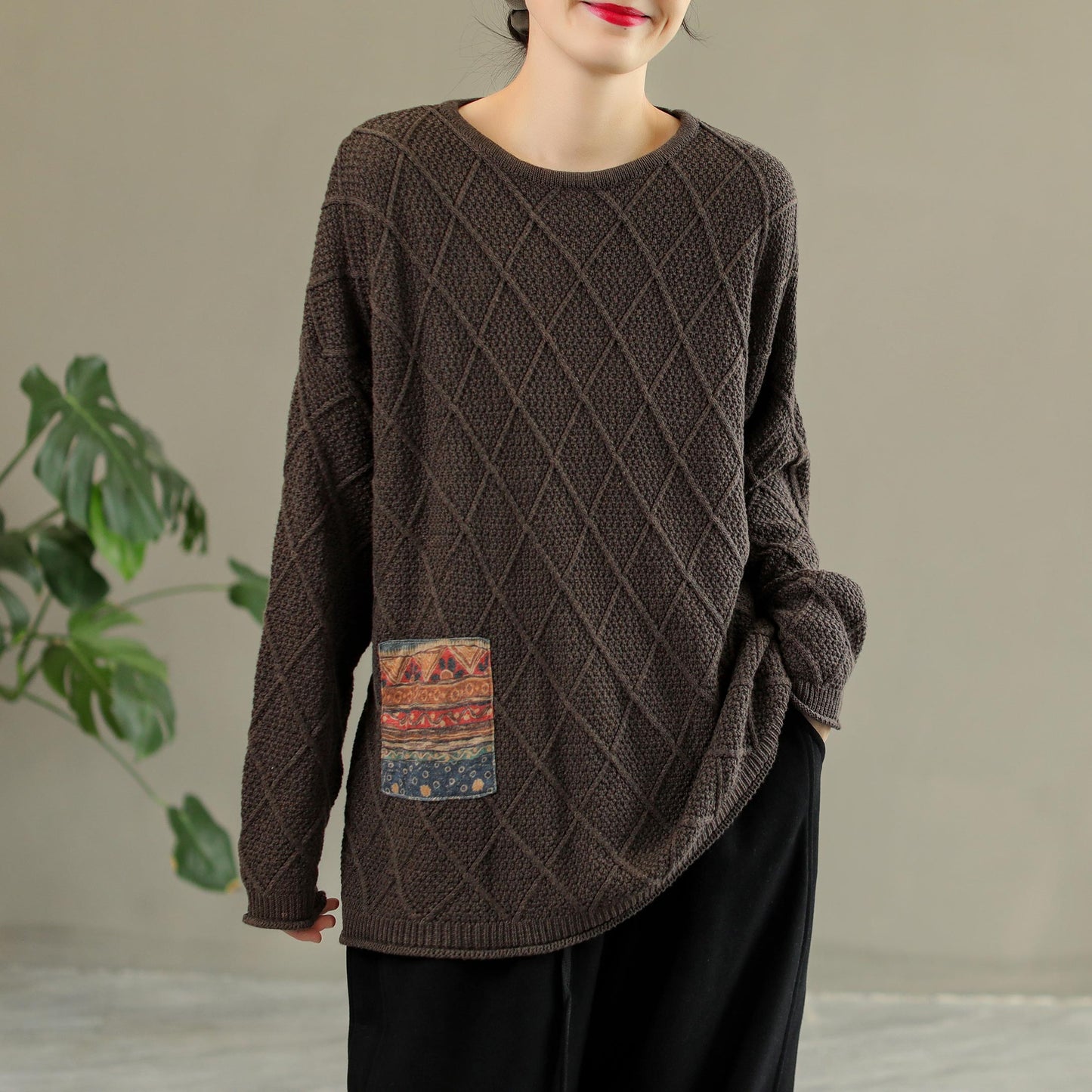 Women Retro Rhombus Patchwork Cotton Loose Sweater